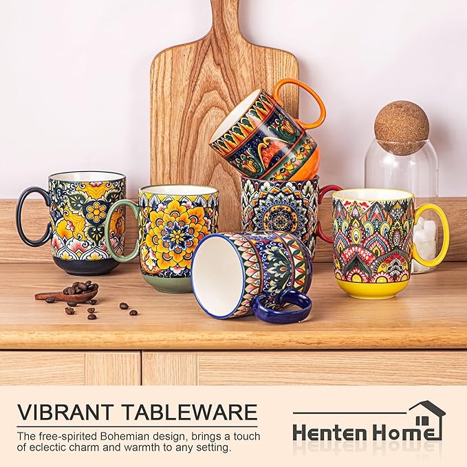 Henten Home Porcelain Coffee Mug Set of 6, 14 oz Colorful Latte Cup with Handle, Boho Ceramic Mug for Hot Chocolate, Milk, Tea, Cappuccino, Cocoa, Microwave & Dishwasher Safe