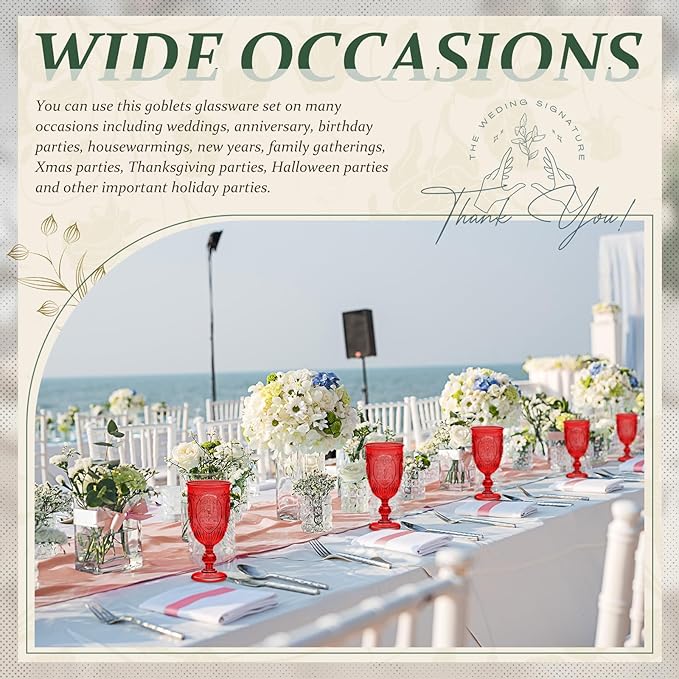 24 Pcs Plastic Goblets 7.5oz Vintage Goblet Plastic Wine Glasses Colored Retro Embossed Water Goblets for Wine Bar Juice Baby Shower Wedding Reception Grand Event Party (Red)