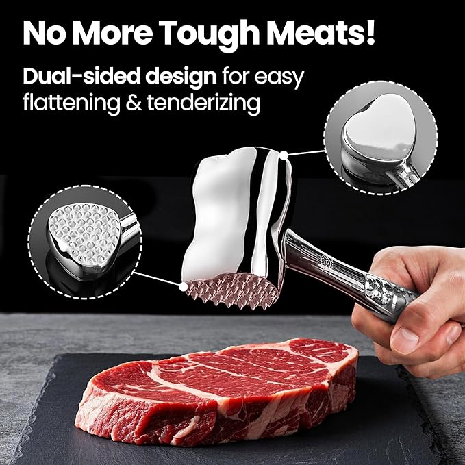 Stainless Steel Meat Tenderizer Tool, Premium Meat Mallet with Non-Slip Grip, Dual-Sided with Heart Shape Design for Tenderizing Steak, Poultry & Chicken Cutlet, Dishwasher Safe, Lifetime Replacement