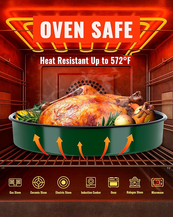 Enamel Round Baking Cake Pans Set Roasting Dish 4-Pack 9/10/12/14 Inch Non Stick Large Cookware for Cake Bread Pie Pizza Turkey Steak, Non-Toxic Carbon Steel Oven Dishwasher Safe Thanksgiving Bakeware