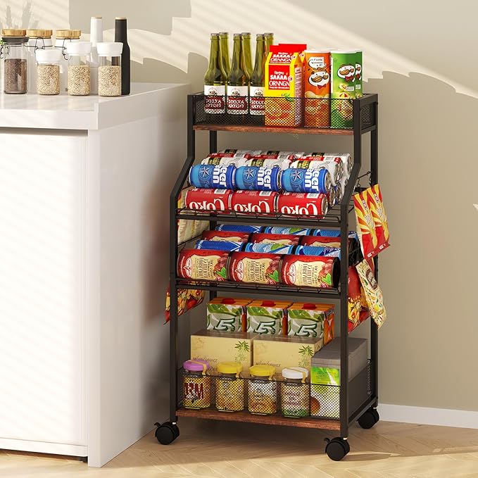 Can Organizer for Pantry - Rolling Snack Cart, Multi-Layer Soda Can Organizer for Pantry, Mobile Beverage Storage Rack with Wheels, Versatile Metal Shelf for Kitchen and Office, Black Brown