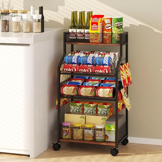 Can Organizer for Pantry - Rolling Snack Cart, Multi-Layer Soda Can Organizer for Pantry, Mobile Beverage Storage Rack with Wheels, Versatile Metal Shelf for Kitchen and Office, Black Brown