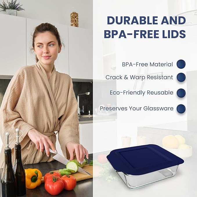 Replacement Lid for Pyrex 2-Quart 8" x 8" Glass Baking Dish #222, Compatible with Lid #222-PC, Food Storage Container Cover with Flush Tab Handles (Navy)
