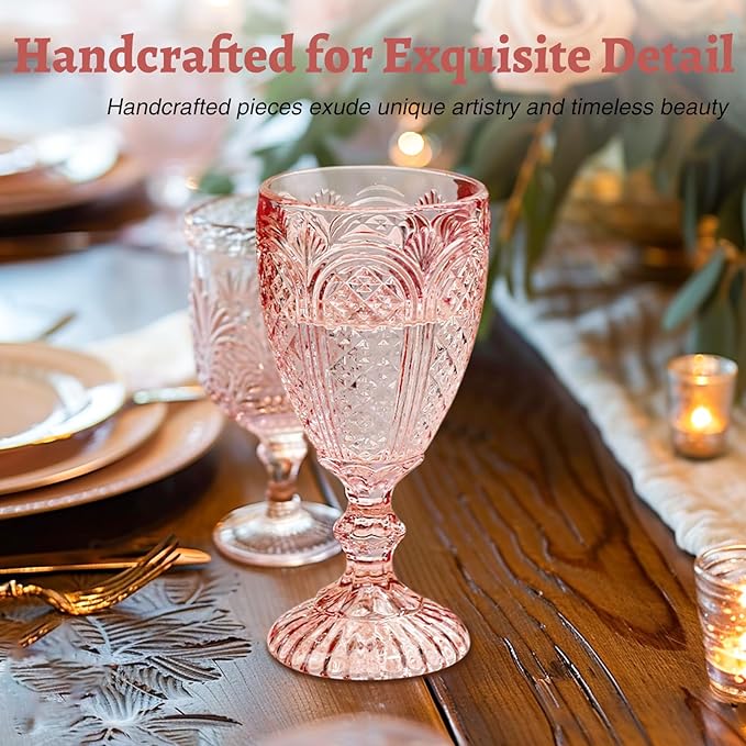 Pink Wine Glasses set of 6,colorful glass goblets made from Solid glass colors, Vintage Pink Glassware, Drinking glasses for Wedding, Birthday,Engagement or fancy glassware for everyday.