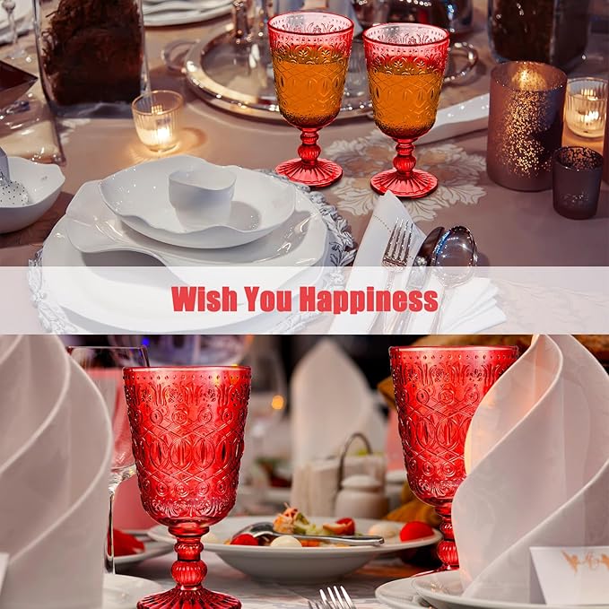 Eaasty Wine Glasses Set of 12 Vintage Goblet 9 oz Vintage Colored Glass Goblet Beverage Stemmed Glass Cups Romantic Embossed Glassware for Wedding Party Holidays Anniversary (Red)