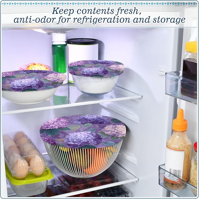 5 Pcs Bowl Covers Reusable in 5 Size Elastic Food Cover Cloth Lids Fresh Keeping Dish Cookware Bakeware Fabric Covers Lids for Food Leftovers Fruits Storage Purple Cute Hydrangeas