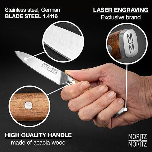 Moritz & Moritz 4-Inch Paring Knife, German Stainless Steel Blade with Acacia Wood Handle, Precision Fruit and Vegetable Knife, Small Kitchen Knife for Cutting, Peeling, Chopping
