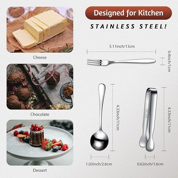 Cunhill 24 Pcs Charcuterie Accessories Mini Cocktail Tongs Small Serving Spoons and Appetizer Forks Stainless Steel Tongs Charcuterie Utensils for Valentine Party Supplies(Circular Spoon,Silver)