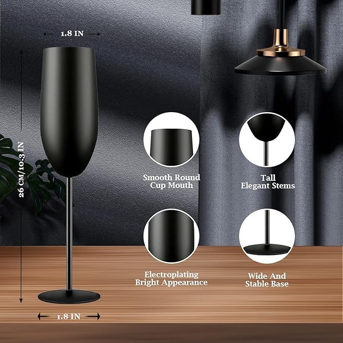 Champagne Glasses Set of 2 Stainless Steel Champagne Flutes Wedding Gifts for Bride 8.5 oz Unbreakable Champagne Glasses for Party Wedding Christmas Anniversary Brithday (Matte-Black)