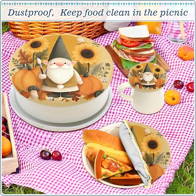 5 Pcs Bowl Covers Reusable in 5 Size Elastic Food Cover Cloth Lids Fresh Keeping Dish Cookware Bakeware Fabric Covers Lids for Food Leftovers Fruits Storage Fall Gnome Pumkin Sunflowers Tha