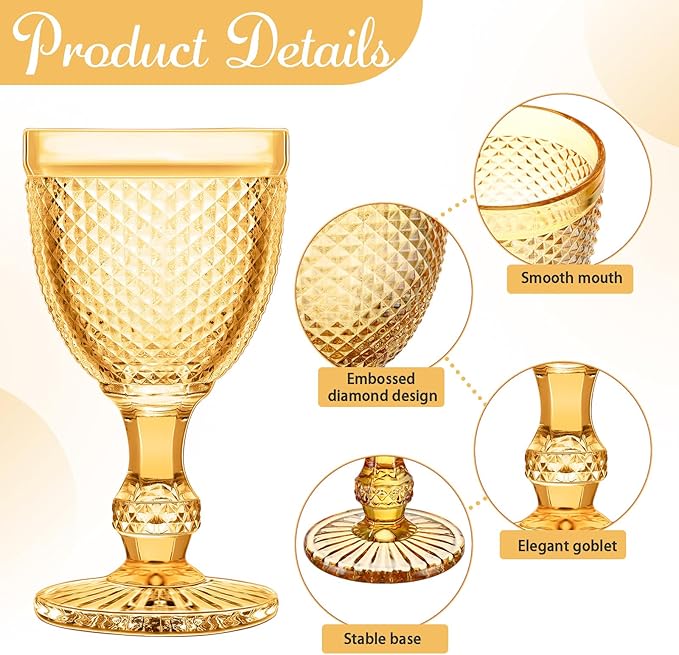 Bokon 12 Pack Amber Glass Goblets Set 10 oz High Clear Wine Glass Vintage Water Goblets Cups Embossed Diamond Design Glassware with Stem for Drinking Juice Liquor Party Wedding Bar