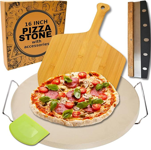 Large Pizza Stone for Oven 16 inch - Round Pizza Stone for Grill with Handles, Wood Pizza Peel and Cutter Set - Baking Stone for Bread - Pizza Making Kit Accessories - Gifts for Food Lovers