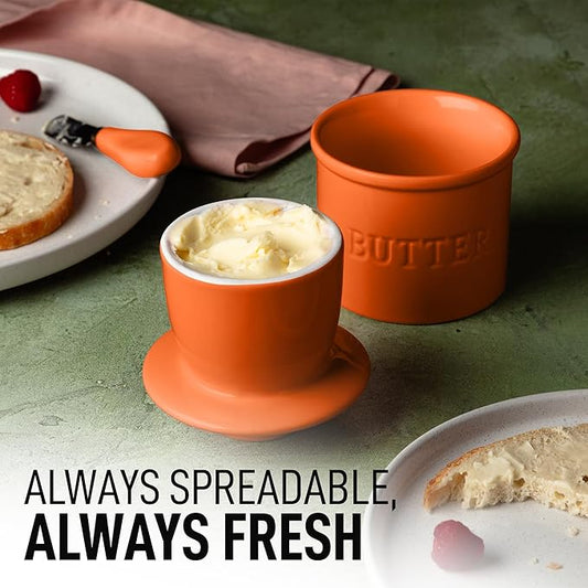 Zulay Kitchen Porcelain Butter Crock With Lid & Knife - Authentic French Butter Dish For Fresh & Spreadable Butter - Orange