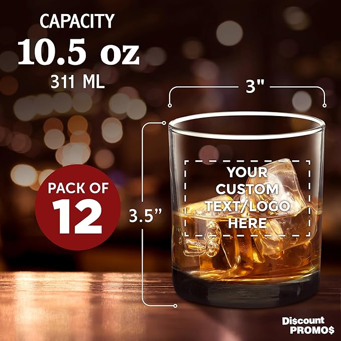 Custom Lexington Rocks Whiskey Glass 10.5 oz, Set of 12, Personalized Bulk Pack - Perfect for Scotch, Bourbon, Whiskey, Cocktail - Black
