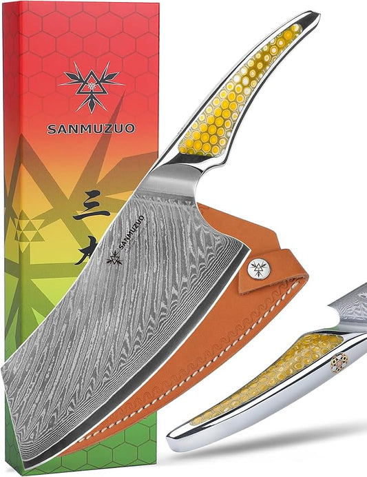 7 inch Nakiri Knife, Japanese VG-10 Damascus Steel Meat Cleaver, Ultra Sharp Vegetable Knife with Full-tang Handle in Yellow Resin, LA-S9 Series