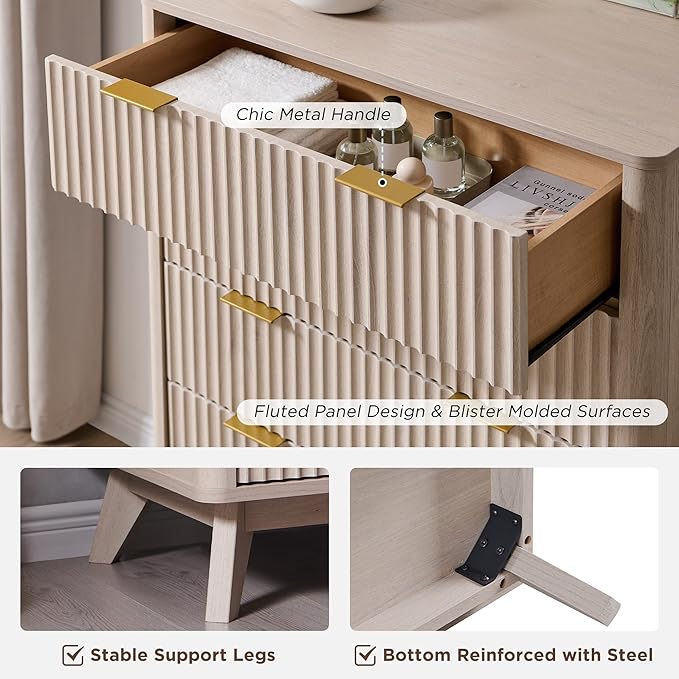 T4TREAM Fluted 5 Drawers Dresser, 48" Tall Modern Chest of Drawers, Curved Profile Design, Wood Drawer Organizer for Bedroom, Living Room, Hallway, Entryway, White Alder