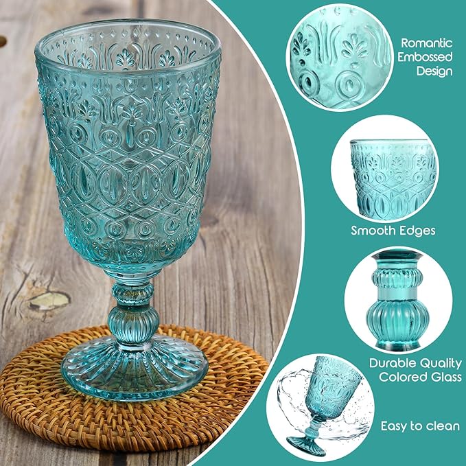 Eaasty Wine Glasses Set of 12 Vintage Goblet 9 oz Vintage Colored Glass Goblet Beverage Stemmed Glass Cups Romantic Embossed Glassware for Wedding Party Holidays Anniversary (Blue)