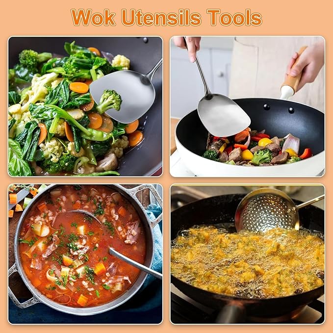 FJNATINH Wok Spatula and Ladle Set - Wok Utensil - Wok Tools - Ebony Wooden Handle Stainless Steel Cooking Utensils Wok Accessories Kitchenware Set of 2