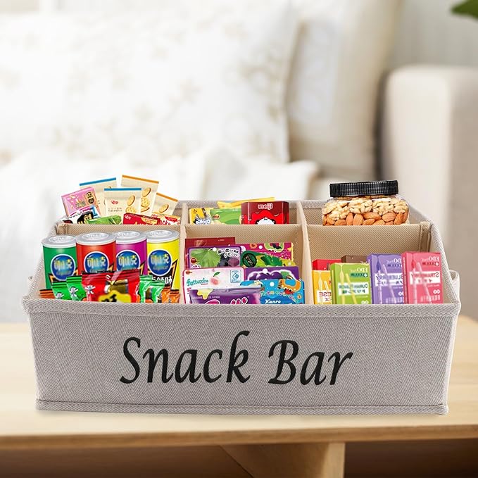 Snack Organizer for Countertop, Fabric Snack Organizer with Handles, 6 Compartment Snack Box Container Snack Basket, Snack Bar Station, Kitchen Pantry Organization and Storage - Khaki