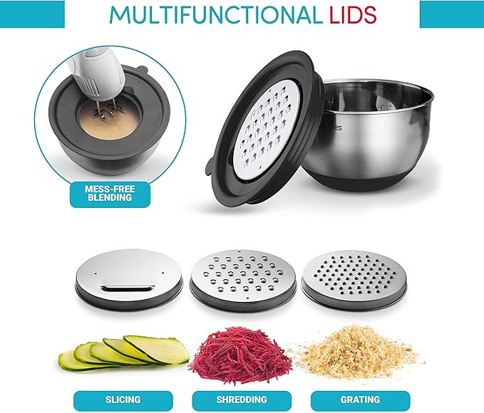 Mixing Bowls with Airtight Lids - 8PCS Stainless Steel Nesting Mixing Bowls Set with 3 Grater Attachments & Non-Slip Bottoms, Black Kitchen Bowls, Sizes 5, 4, 3.5, 2, 1.5QT for Baking & Kitchen Gift