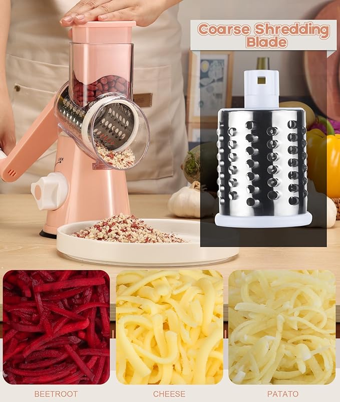 Ourokhome Rotary Cheese Grater Hand Crank, Kitchen Shredder Speed Mandolin Slicer Nuts Grinder with Handle and Drum Blades for Cheese, Vegetable, Walnuts, Chocolate, Potato, Carrot, 3 Blades, Pink