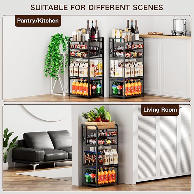 Kadolina Soda Can Organizer for Pantry, 5-Tier Storage Shelf, Kitchen Organizers and Storage, Multifunctional Snack Organizer Rack, Standing Can Rack for Pantry/Kitchen (Black)