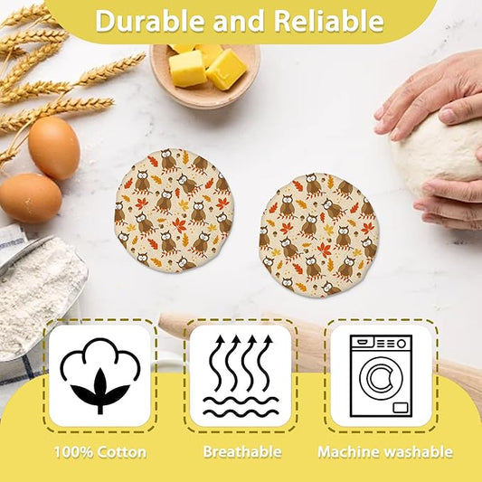 Owl Bird and Leaves Cloth Covers for Sourdough Starter Jar,Reusable Lid Top Cover Bread Fermentation Baking Supplies for 3-4 Inch Jar Mouth