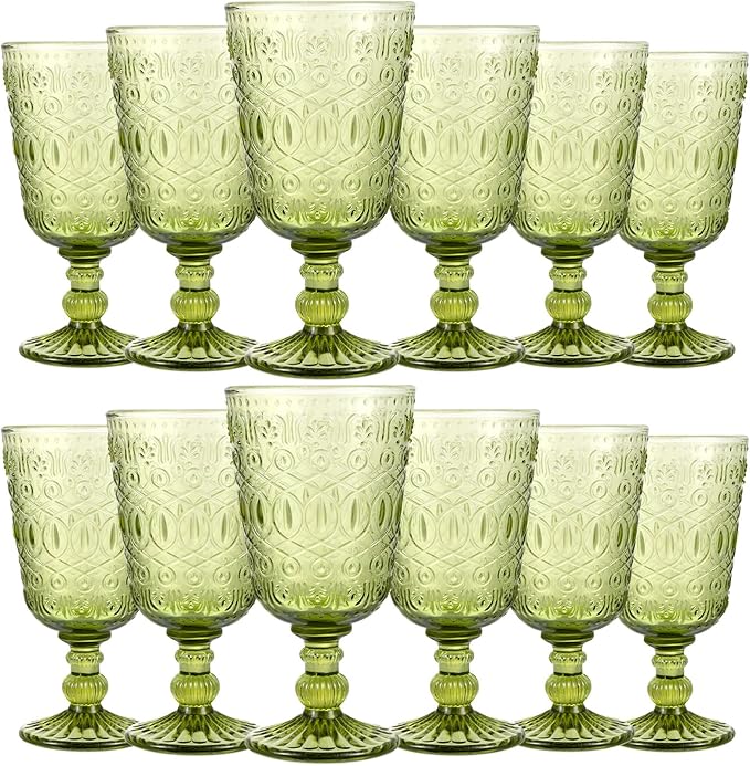 Eaasty Wine Glasses Set of 12 Vintage Goblet 9 oz Vintage Colored Glass Goblet Beverage Stemmed Glass Cups Romantic Embossed Glassware for Wedding Party Holidays Anniversary (Green)