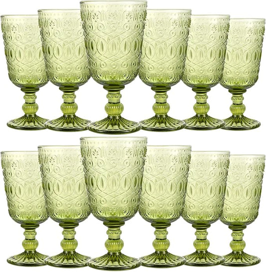 Eaasty Wine Glasses Set of 12 Vintage Goblet 9 oz Vintage Colored Glass Goblet Beverage Stemmed Glass Cups Romantic Embossed Glassware for Wedding Party Holidays Anniversary (Green)