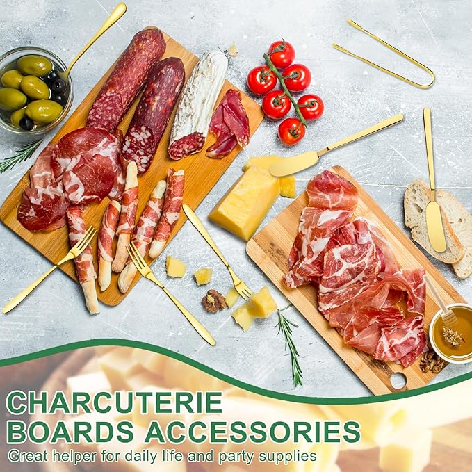 38 Pcs Charcuterie Boards Accessories, Gold Stainless Steel Charcuterie Utensils Set, Including Cheese Butter Spreader, Mini Serving Tongs, Knives, Spoons, Forks, Honey Dippers and Toothpick Flags