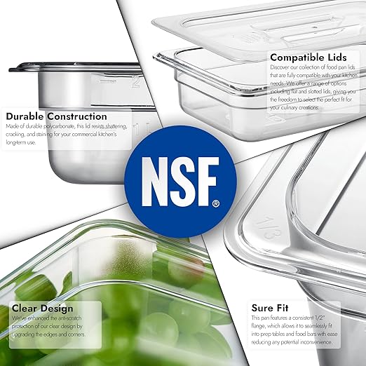 CURTA 6 Pack NSF Food Pans, 1/3 Size 2 1/2 Inch Deep, Commercial Polycarbonate Plastic Clear Freezer-Safe