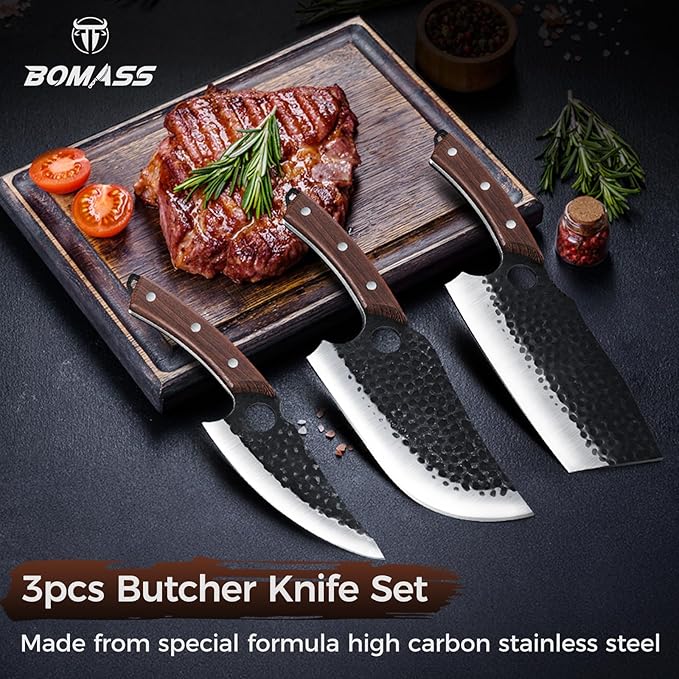Butcher Knife Meat Cleaver Knife, Hand Forged Japanese Knife Set of 3, High Carbon Kitchen Knife & Serbian Chef Knife & Boning Knife for Meat Cutting, Outdoor Cooking BBQ Camping Gift for Men