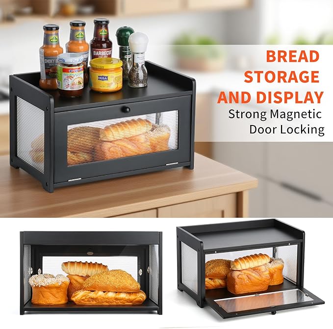 Bread Box for Kitchen Countertop - Wooden Bread Box for Homemade Bread,Large Capacity Bread Storage Container for Kitchen Counter,Easy Assembly & No Smell Bread Holder for Corner,Cabinet,Pantry(Black)