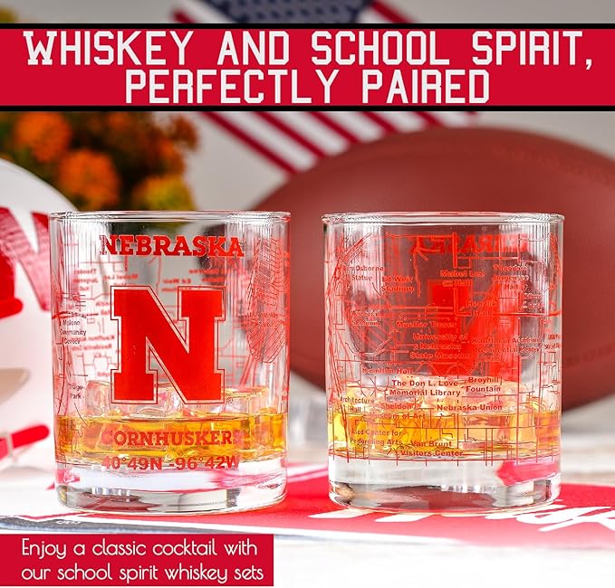 Greenline Goods – University of Nebraska Cornhuskers College Whiskey Glasses (Set of 2), 10 oz – Full-Color Logo + Campus Map