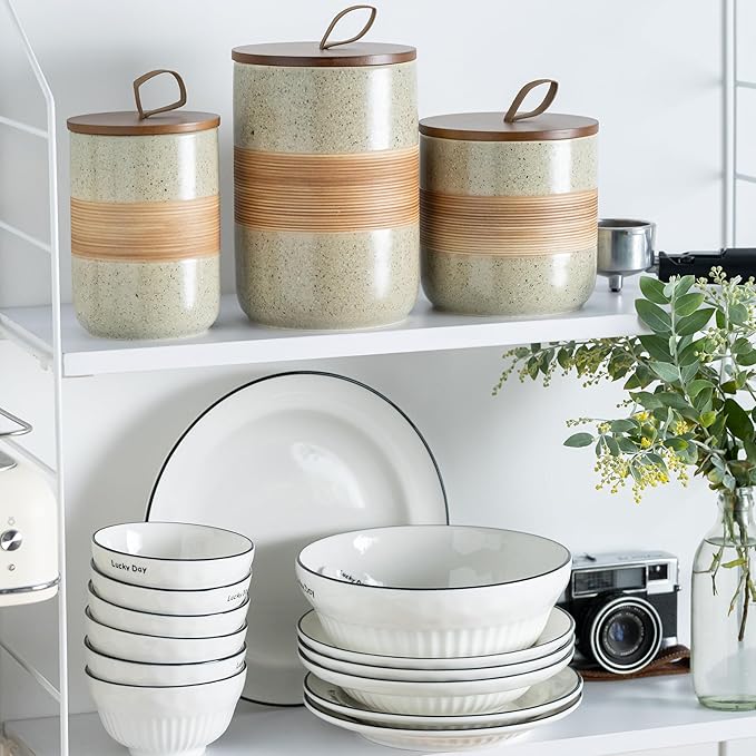 Ceramic Jar with Lid Airtight, Coffee Container Kitchen Food Storage Jars for Spice Sugar Tea Bag, Stackable Decorative Jars for Countertop, 18 fl.oz