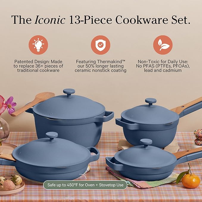 Our Place Cookware Set - Complete 13-Piece Set Including Always Pan 2.0, Mini Always Pan, Perfect Pot, and Mini Perfect Pot | Multifunctional, Toxin-Free Nonstick | Replaces 36 Pieces | Blue Salt