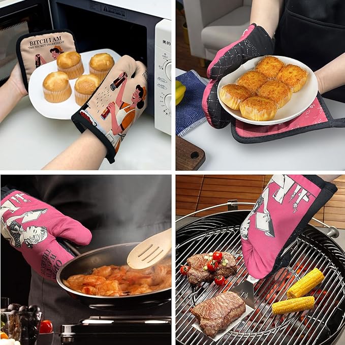 ZHANTUONE Bixxh I Am The Secret Ingredient Funny Heat Resistant Oven Mitts and Pot Holders Set with Silicone Non-Slip, Hostess Cooking Baking Gadgets, Gifts for Women Bake Lover, Housewarming Gifts