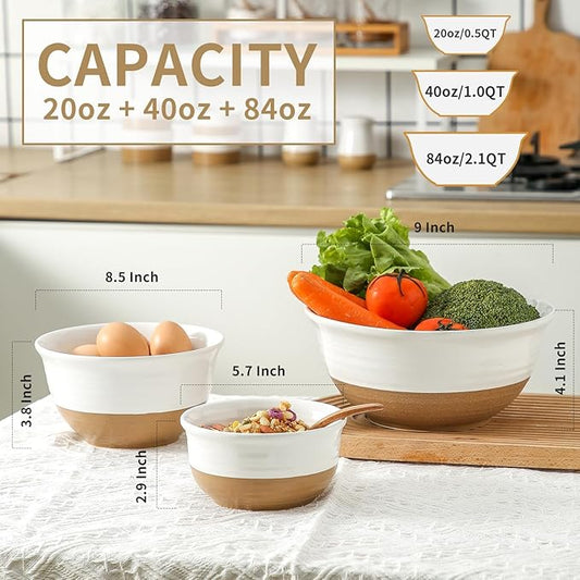Ceramic Bowls Set, Large Mixing Bowls Set of 3 for Cooking, Baking, Prepping, Nesting, Stoneware Serving Bread Bowls for Kitchen, 2.1/1.0/0.5 Qt, Oven, Dishwasher, Microwave Safe, White