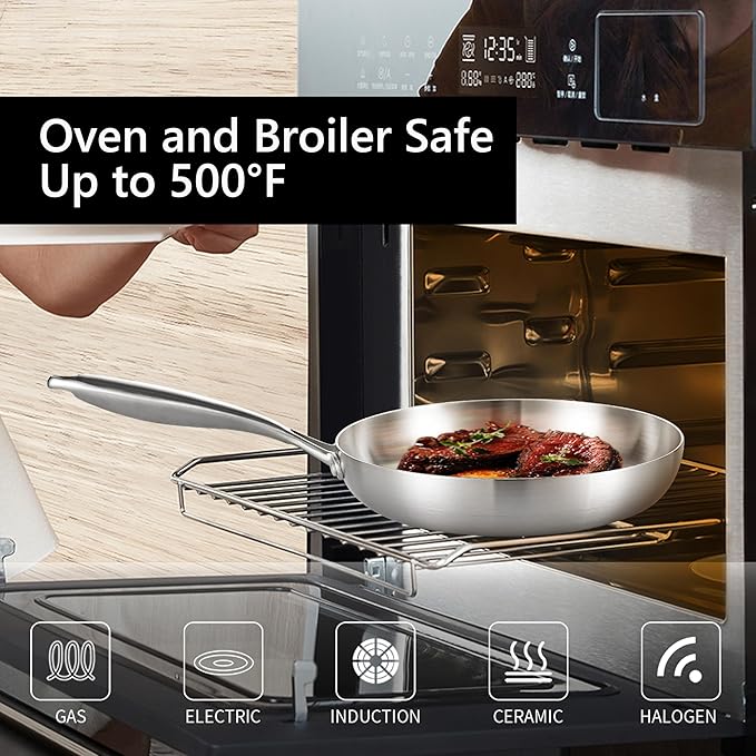 LOLYKITCH 12 Inch Tri-Ply Stainless Steel Frying Pan – Professional Skillet Fast & Even Heating, Induction & Oven Safe up to 500°F, Durable Cookware for Modern Home Kitchens, Detachable Handle