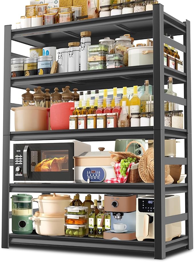 Adjustable Kitchen Organizers and Storage Shelves - Freestanding Microwave Stand - 5 Tier Bakers Rack for Pantry Appliance Storage, Space-Saving Metal Shelving