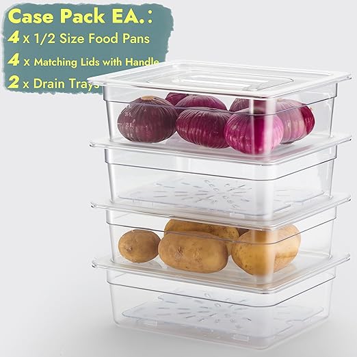 CURTA 4-Pack 1/2 Size 4" Deep NSF Polycarbonate Food Pans with Handled Lids & Drain Trays | Dishwasher & Freezer Safe Clear Container for Prep Tables, Buffet, Salad Bar, Commercial Kitchen