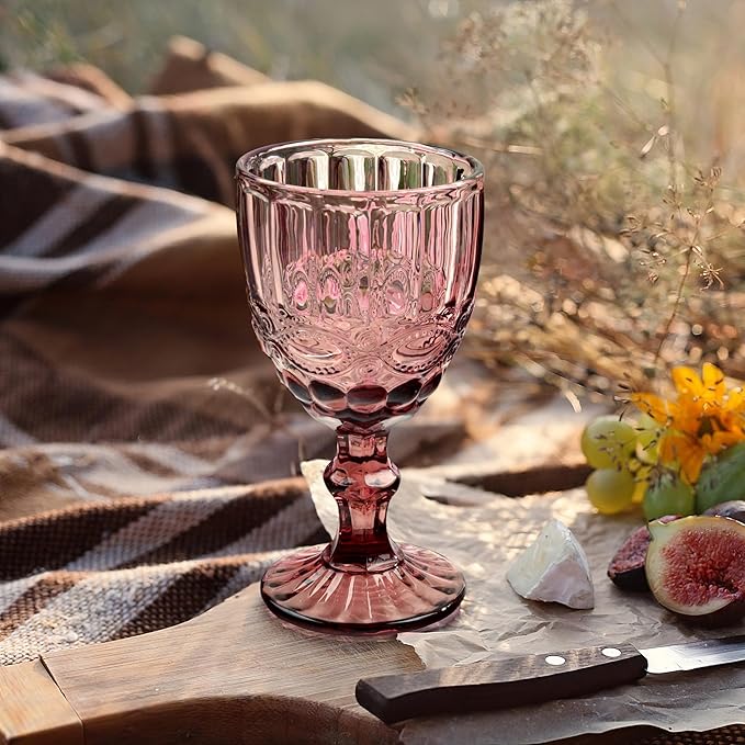 Joeyan Purple Vintage Wine Glasses,Clear Water Goblet Glasses,Stemmed Drinking Glasses with Embossed Pattern,Colored Glassware Set for Wedding Party Banquet Feast,10 oz,Set of 4,Dishwasher Safe