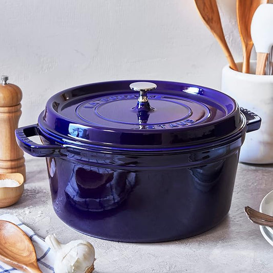 Staub Cast Iron 7-qt Round Cocotte - Dark Blue, Made in France