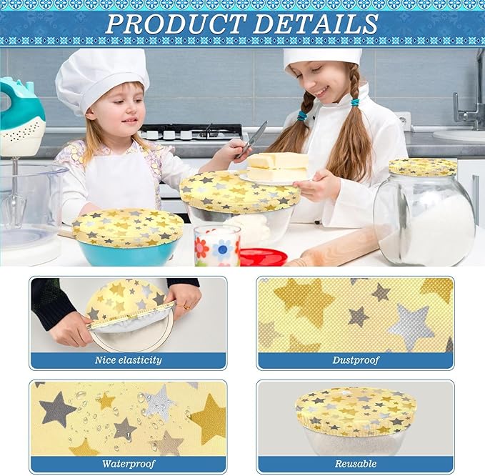 5 Pcs Bowl Covers Reusable in 5 Size Elastic Food Cover Cloth Lids Fresh Keeping Dish Cookware Bakeware Fabric Covers Lids for Food Leftovers Fruits Storage Cute Silver and Golden Stars