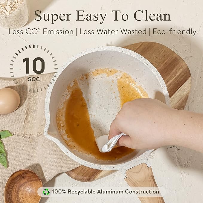 CAROTE 2Qt Sauce Pan Sets with Lid Cooking Pots Nonstick Saucepans Cookware Set with Pour Spout Small Kitchen Pot, Induction Comptable, Easy to Clean, PFOA FREE (White Granite)