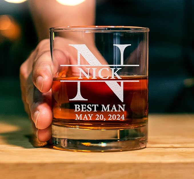 Single, Personalized Whiskey Glass For Groomsman Gifts, Best Man, Groom, 11oz Old Fashioned Custom Monogrammed Whiskey Glass