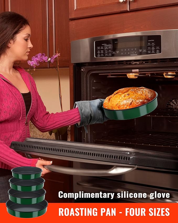 Enamel Round Baking Cake Pans Set Roasting Dish 4-Pack 9/10/12/14 Inch Non Stick Large Cookware for Cake Bread Pie Pizza Turkey Steak, Non-Toxic Carbon Steel Oven Dishwasher Safe Thanksgiving Bakeware
