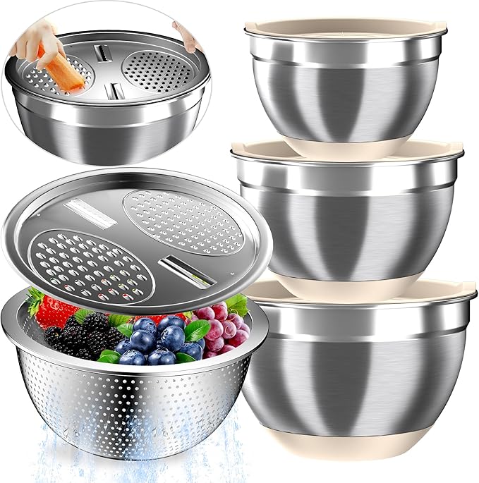 Mixing Bowls with Airtight Lids, Stainless Steel Mixing Bowl Set with 3 Metal Nesting Bowls, Colander & Grater, Non-Slip Bottoms, Size 1.5, 2.5, 6 QT, Great for Mixing & Serving, Khaki