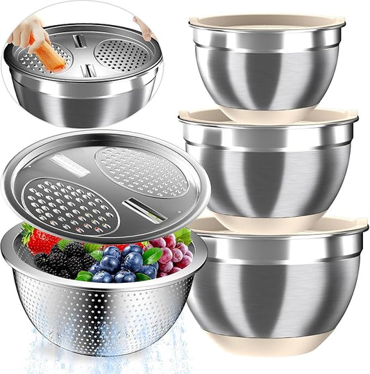 Mixing Bowls with Airtight Lids, Stainless Steel Mixing Bowl Set with 3 Metal Nesting Bowls, Colander & Grater, Non-Slip Bottoms, Size 1.5, 2.5, 6 QT, Great for Mixing & Serving, Khaki