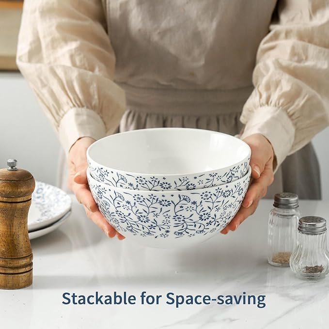 ramen bowl, salad bowl，mixing bowls，ceramic bowls, large cereal bowls, Large Soup Bowl, Pho Bowls, Fruit, Microwave Dishwasher Safe, 7 inch Blue and White 2 pack